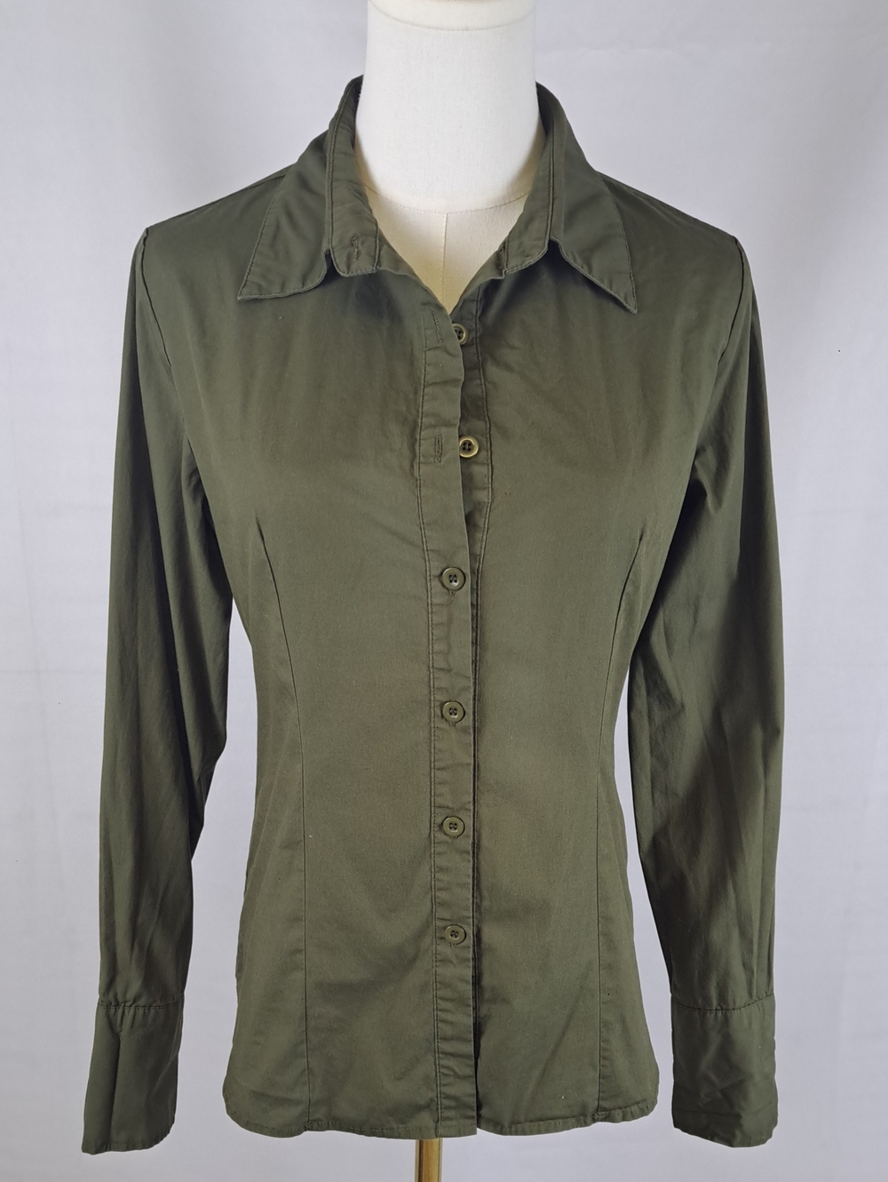 Women’s 100% Cotton Olive Green Poplin Button-Up Shirt Earthy Rustic Prep Size S